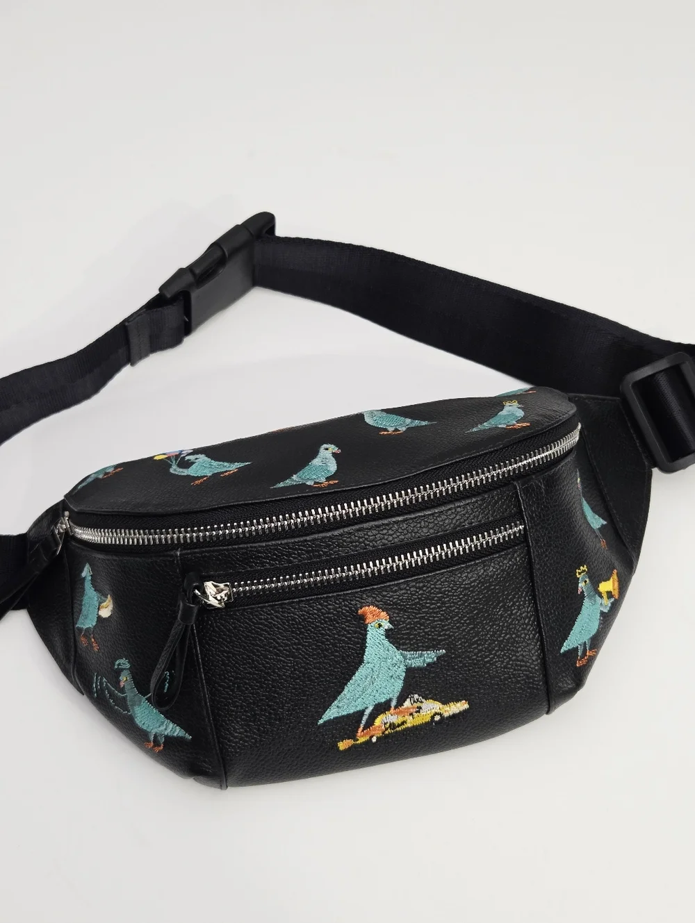 NEW MIN & MON HAROLD FANNY PACK BAG BLACK LEATHER - PIGEONISTA EMBROIDERY